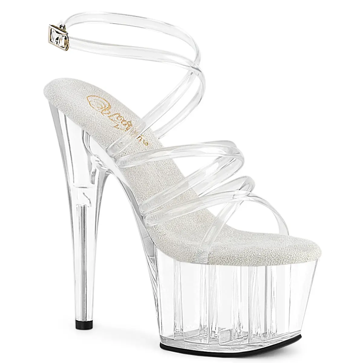 Pleaser Women's Adore-706 Elegant Minimalist Platform Sandals - Open Toe Transparent Finish Stilettos with Criss-Cross Ankle Straps, Chic Buckle, 7" Heel, 2.75" Platform, Clear/Clear, Open Toed Sandals, Elegant Sandals