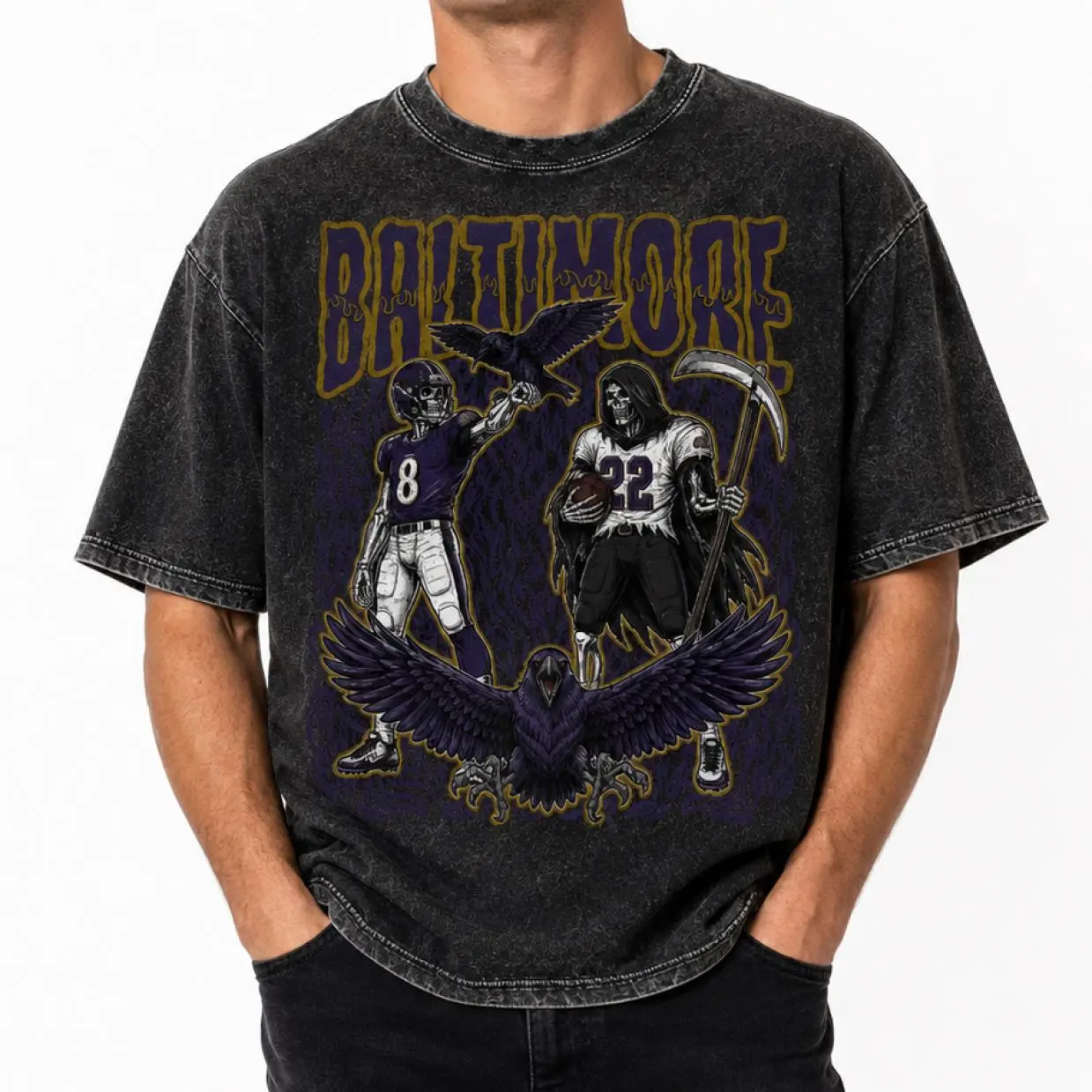 Baltimore Football Skull Washed Shirt, Vintage Baltimore Fan Tee, Game Day Gift For Football Fans