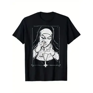 Casual T-shirt Funny Unholy Drug Nun Costume Essential Costume T-Shirt for Men Women Couple Casual Crew Neck Short Sleeve Tee Breathable Cotton Fabric Graphic Menswear