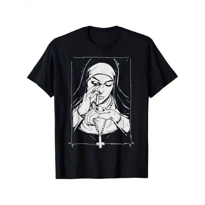 Casual T-shirt Funny Unholy Drug Nun Costume Essential Costume T-Shirt for Men Women Couple Casual Crew Neck Short Sleeve Tee Breathable Cotton Fabric Graphic Menswear