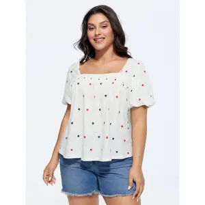 BloomChic Women's Plus Size Casual Star & Moon Print Cotton Cropped Top with Short Lantern Sleeves and Smocked Details, Shortsleeve