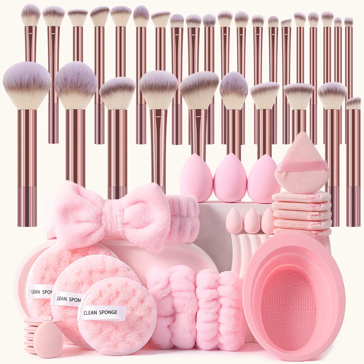 All-in-One Makeup Tools Set, Makeup Brushes, Regular & Mini Makeup Sponges, Triangle Powder Puffs, Mini Air Cushion Puffs, Hairband, Hand Bowl Straps, Facial Cleansing Sponges and Brush Cleaning Tool, Multifunctional Beauty Kit,summe, Gift, Daily