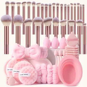 55PCS All-in-One Makeup Tools Set, 30 Professional Makeup Brushes, Regular & Mini Makeup Sponges, Triangle Powder Puffs, Mini Air Cushion Puffs, Hairband, Hand Bowl Straps, Facial Cleansing Sponges and Brush Cleaning Tool, Multifunctional Beauty Kit