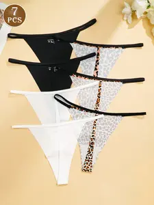 7-Pack Seamless Sexy Leopard Print Comfortable Breathable Women's Thong Underwear, Stylish and Cozy Everyday Wear, Perfect Fit for All Seasons, Seamless Panties