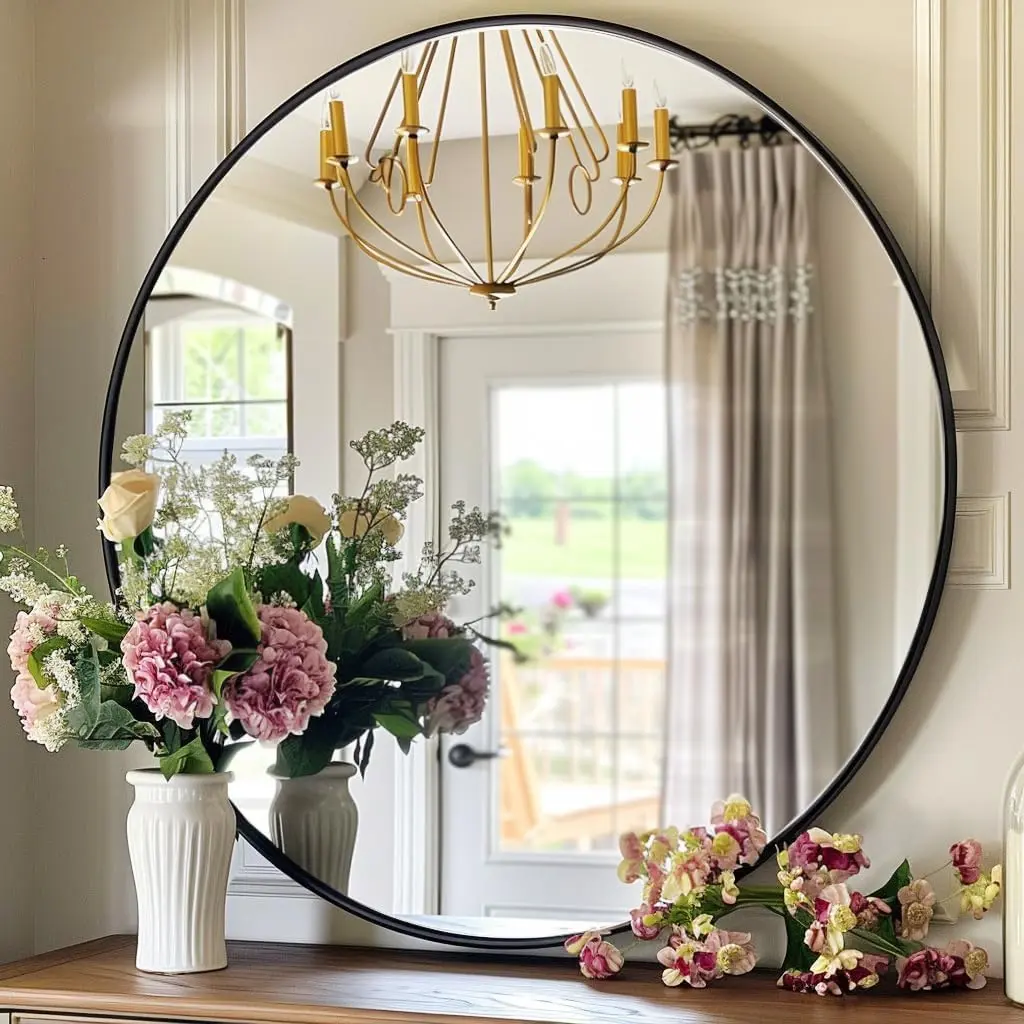 20-inch Round Wall Mirror - Modern Farmhouse Decor for Bathroom Vanity, Living Room & Bedroom |  Rustic Circular Mirror,Black