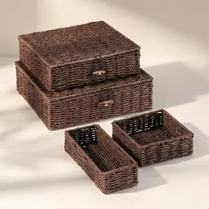 Newtay Set of 4 Woven Wicker Storage Baskets with Lids, Decorative Storage Boxes Lidded Rattan Organizer Bin Home Decor for Shelf, Coffee Table, Closet, Bathroom, Living Room