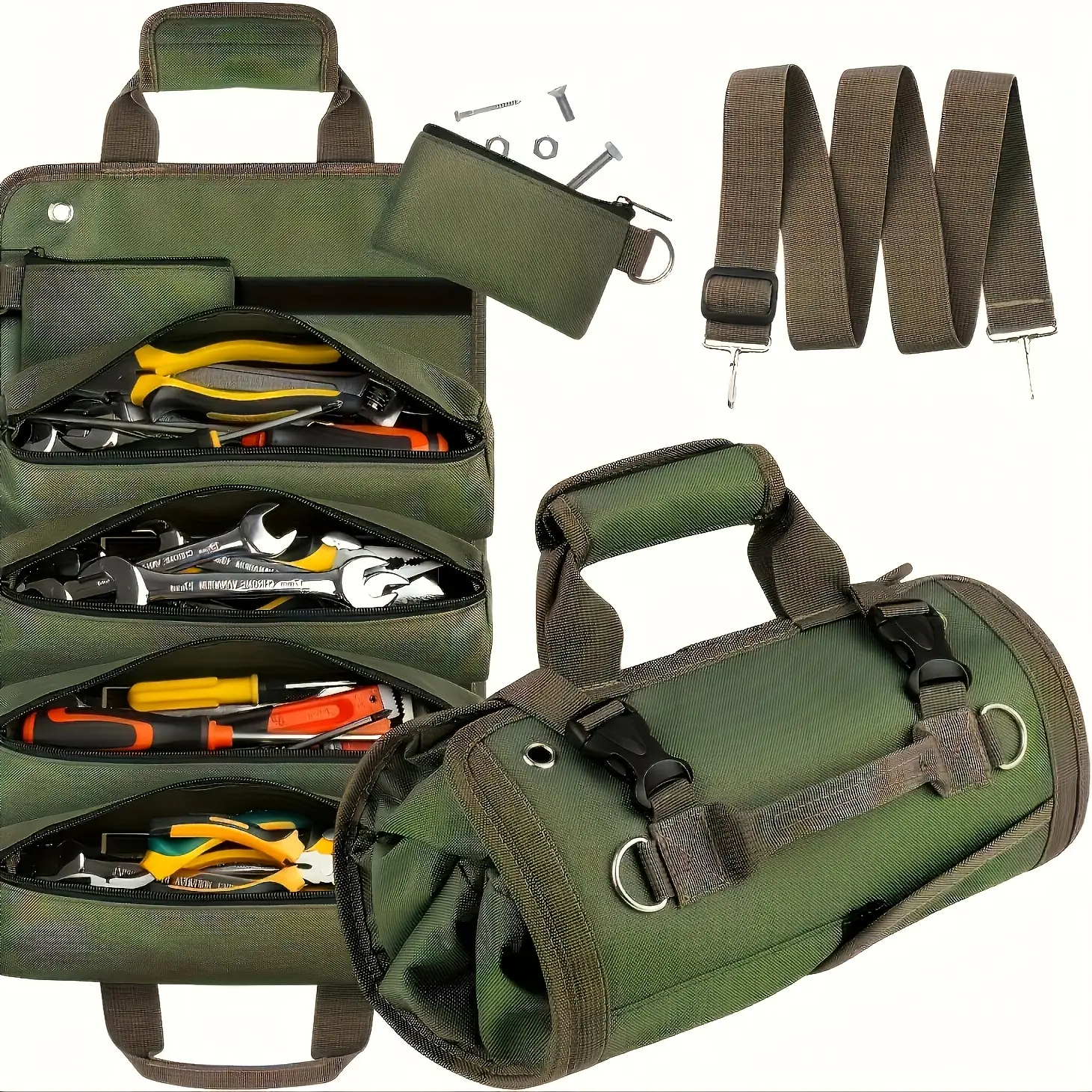 Portable Tool Roll Bag for Electricians & Mechanics 4 Compartments 2 Detachable Tool Bags Heavy Duty Carpenter Tool Belt Green Practical Organization