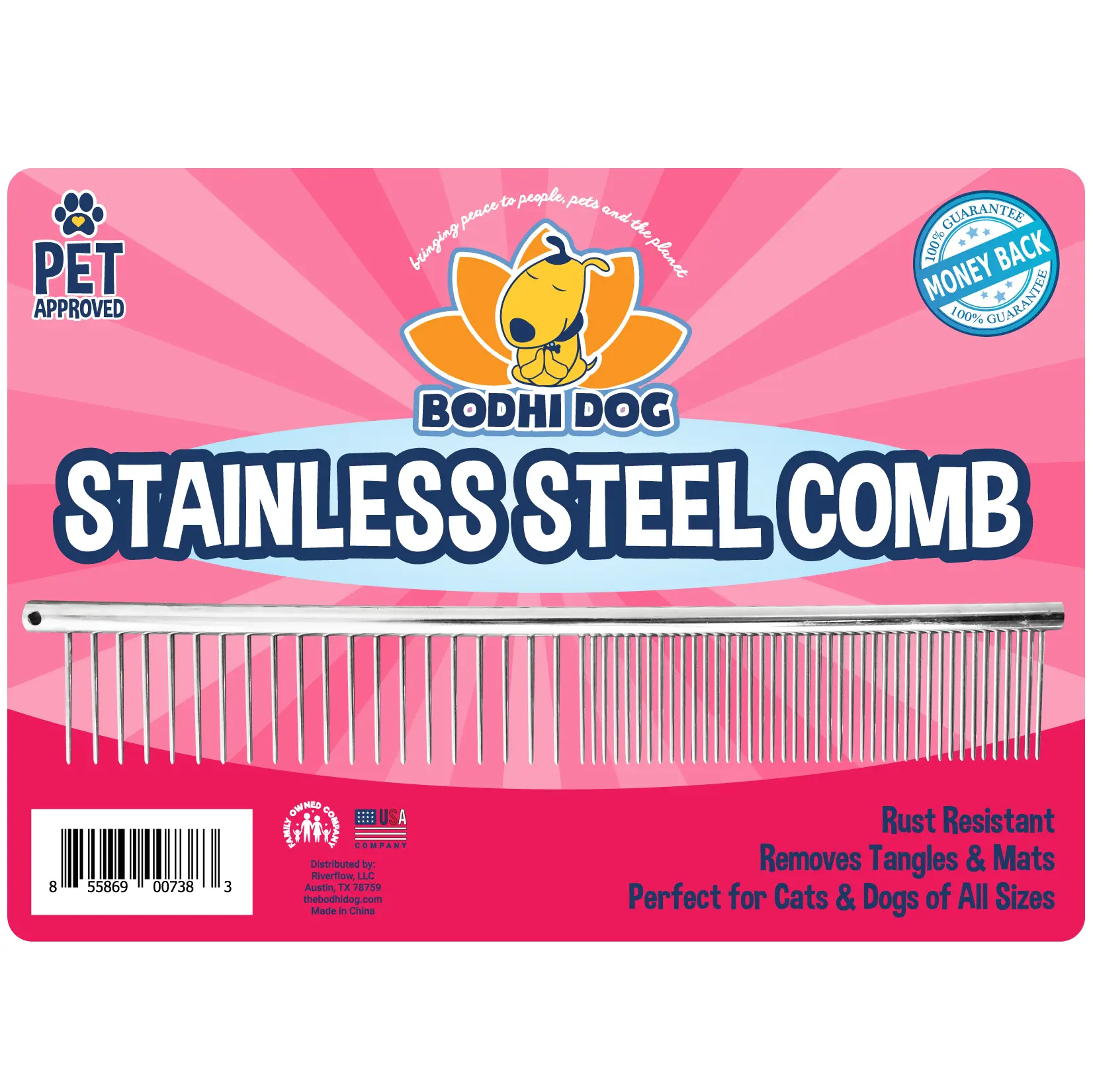 Stainless Steel Comb - Rust Resistant, Detangler Grooming Brush for Dogs & Cats, Removes Knots, Tangles, Matted Fur & Knotted Hair Removal from Bodhi Dog