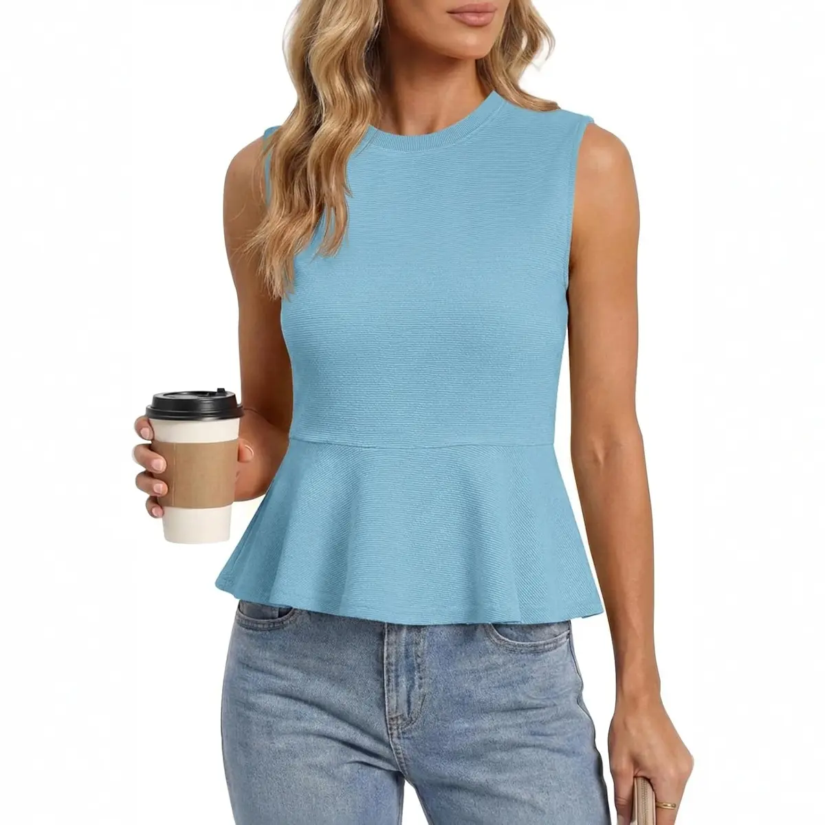 Tankaneo Women's Basic Fitted Summer Sleeveless Ribbed Knit Babydoll Peplum Tank Top, Work Business Casual Shirt Blouse