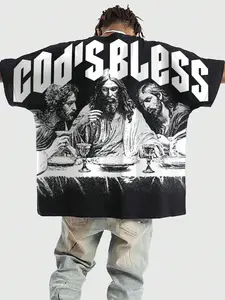 Men's Jesus & Letter Print Short Sleeve Graphic Tee, Regular Fit Casual Street Round Neck T-shirt for Summer, Men's Top for Daily Wear