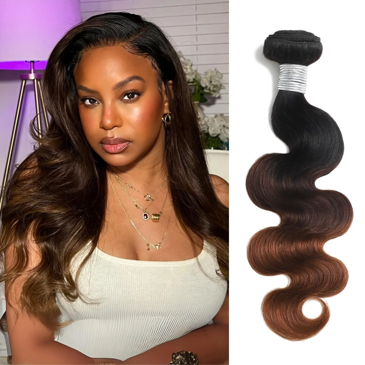 T1B/2/30 Chestnut Brown Ombre Human Hair Bundles Body Wave, 10A Thick Track 100% Virgin Human Hair Bundles Dark Roots Bundle 3 Tone Ombre Medium Auburn Colored Single Bundle Quick Weaves
