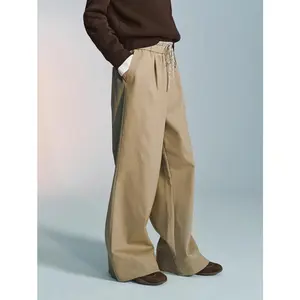 URBAN REVIVO Women's 2026 Spring Thick Stretchy Cotton Blend Trousers - Minimalist Basic, Contrast-Color Patchwork Plaid, Tie-Waist Wide-Leg Casual Lady Pants UYU660002