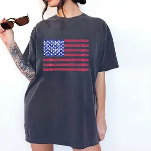 Holafish Memorial Day Acid Wash Shirts Oversized Half Short Sleeves Casual Women Letter America Printed Graphic Tee Comfortable Fit Summer Womenswear
