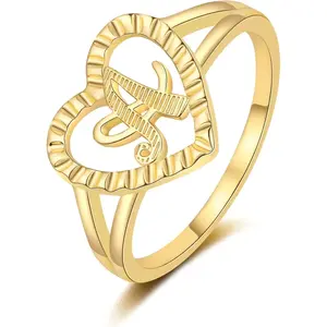 Gold Initial Ring for Women Vintage Initial Heart Love Ring Non Tarnish 14K Gold Plated Personalized Carved Letter Statement Stacking Ring Size 6-10 Jewelry Gifts