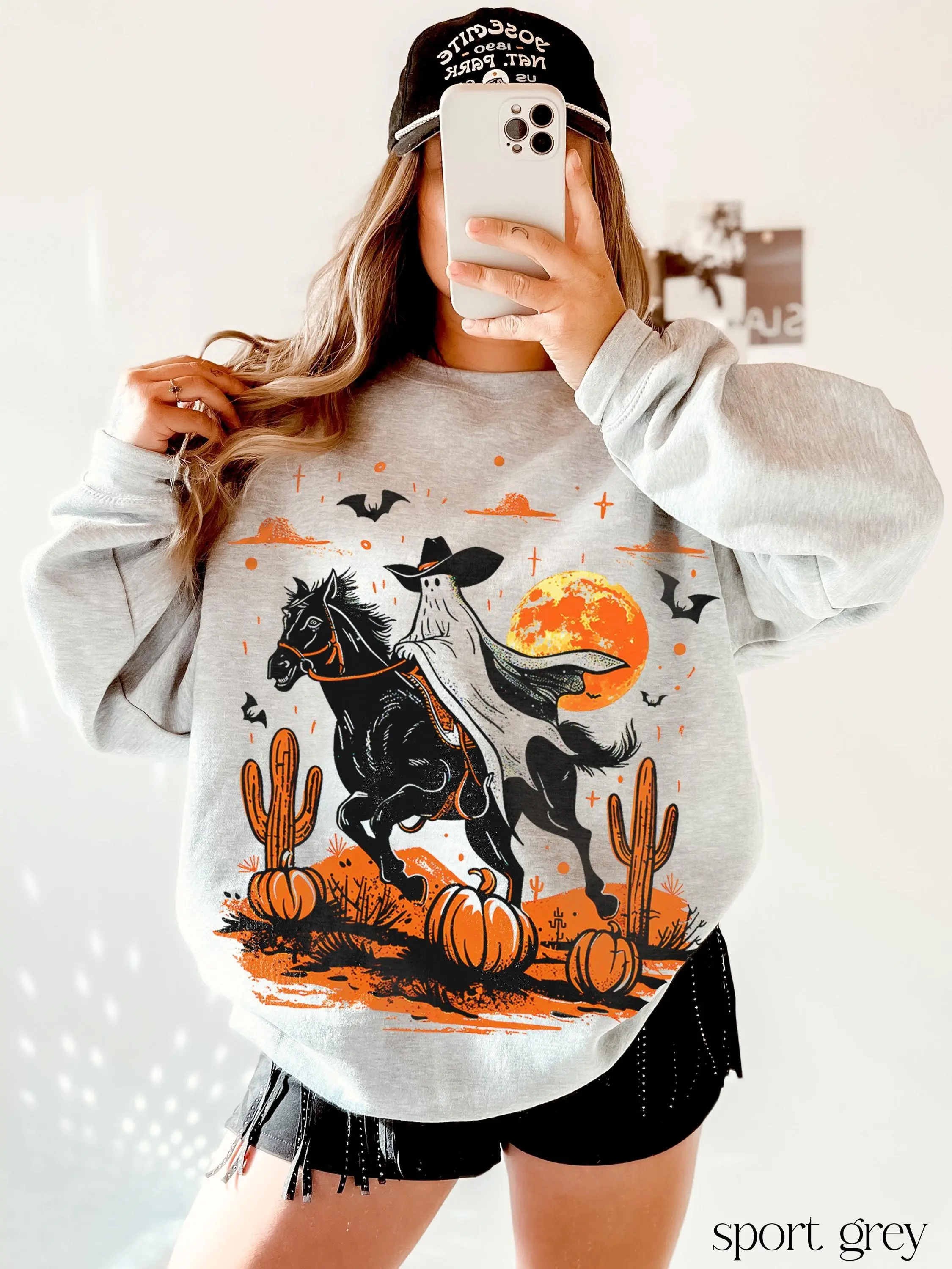 Ghost Cowboy Sweatshirt, Western Halloween Horse Desert Crewneck for Women, Spooky Season Country Cowgirl Fall Sweatshirt, Gift Her