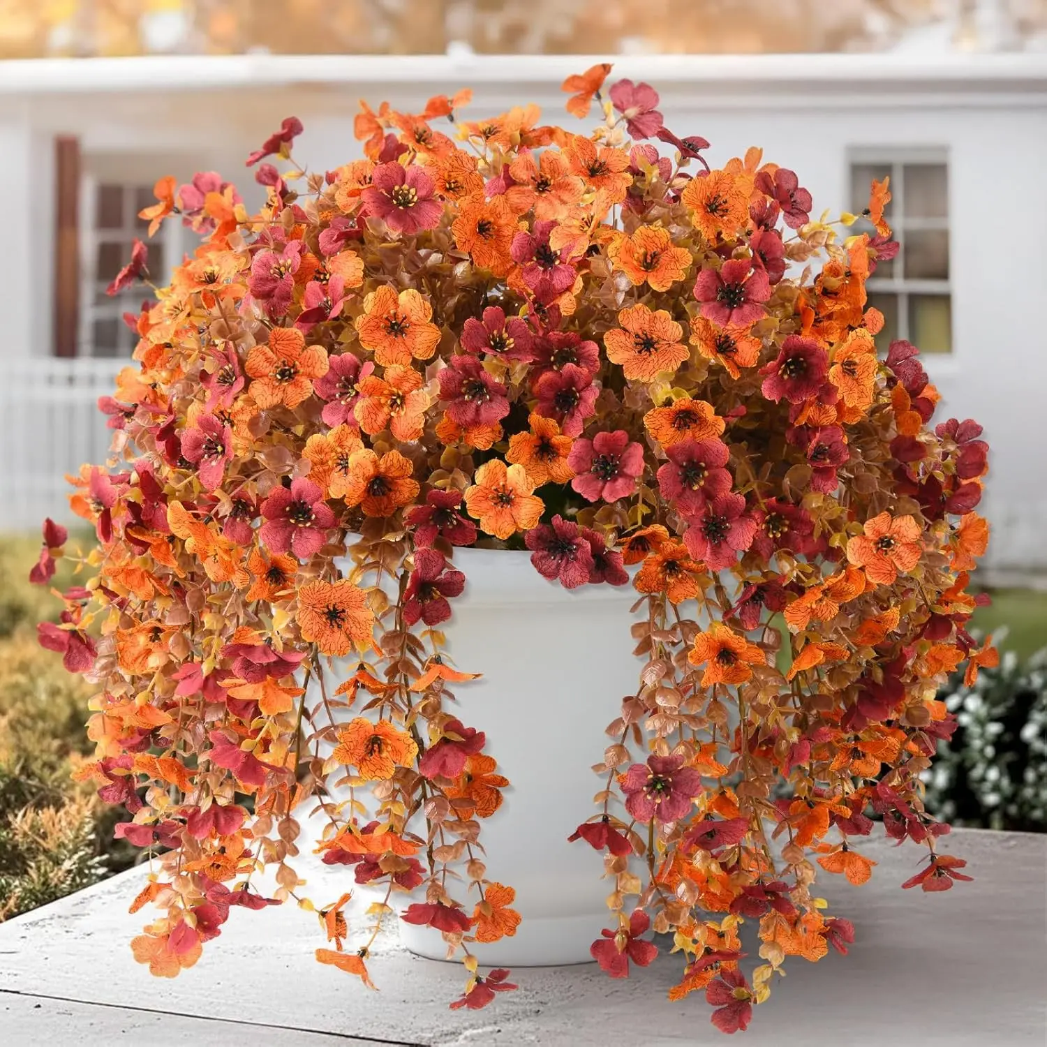 Artificial Faux Mums Fall Flowers for Outdoor Outside Decoration, 4 PCS Fake Silk Daisy Flower Plants Realistic UV Resistant for Home Porch Balcony Patio Autumn Decor, Decorative Faux Flowers (Orange Brown）