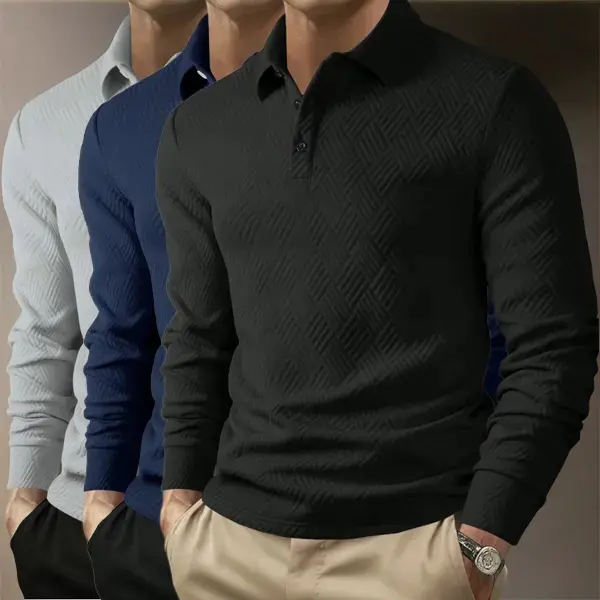 Men's Three-Piece Set Jacquard Heavyweight Long Sleeve Polo Shirt! The perfect choice for daily commutes, business office work, home leisure, and outdoor sports