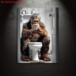 1 piece/set frameless canvas painting print poster, classic illustration abstract art, funny Bigfoot playing with phone on toilet, perfect gift for animal lovers, ideal gift for bedroom, living room, kitchen, dormitory hallway, mural, wall decoration