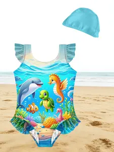 Cartoon Dolphin, Seahorse & Sea Turtle Underwater World Print Kids One-Piece Swimsuit with Swim Cap, Girls' Ruffle Sleeve Swim Set