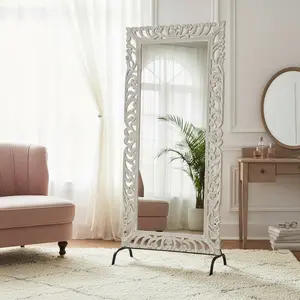 Farmhouse Style Wooden Carved Lattice Distressed White 84 in. Tall Mirror On Stand