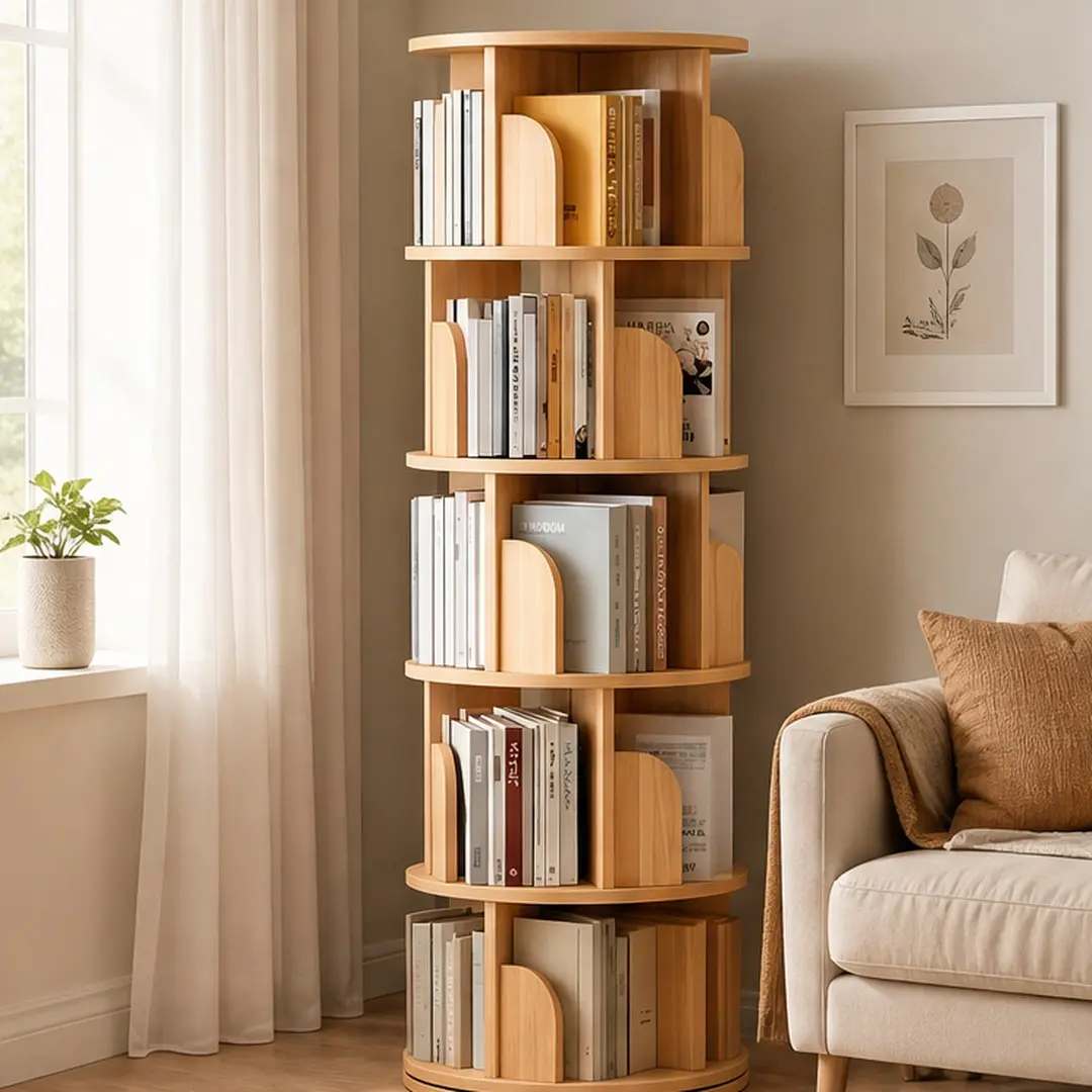 ARCH 5-Tier Rotating Bookshelf 360° Spinning Book Tower Display Shelf for Living Room Bedroom Home Office, Space-Saving MDF Wood Bookshelf with 5 Shelves, Natural Wood Color, Vertical Storage Rack, Wood Color Options, MDF Material