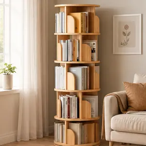 ARCH 5-Tier Rotating Bookshelf 360° Spinning Book Tower Display Shelf for Living Room Bedroom Home Office, Space-Saving MDF Wood Bookshelf with 5 Shelves, Natural Wood Color, Vertical Storage Rack, Wood Color Options, MDF Material