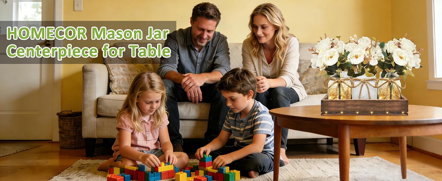 Holiday Deal Mason Jar Centerpiece Table Decor for Dining Room - Easter Table Decorations with Farmhouse Wood Tray and Remote Control LED Fairy Lights for Coffee Table Home Decor Living Room Wedding