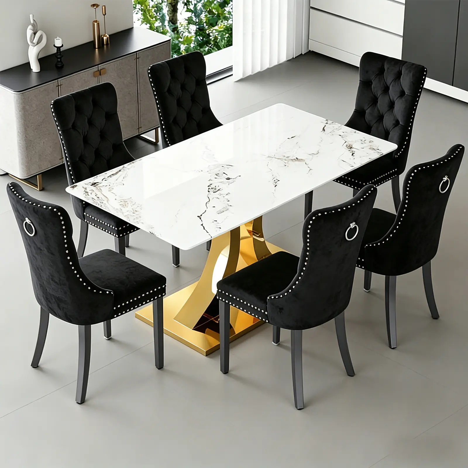 1 Table+6 Black Solid Wood Leg Chairs
