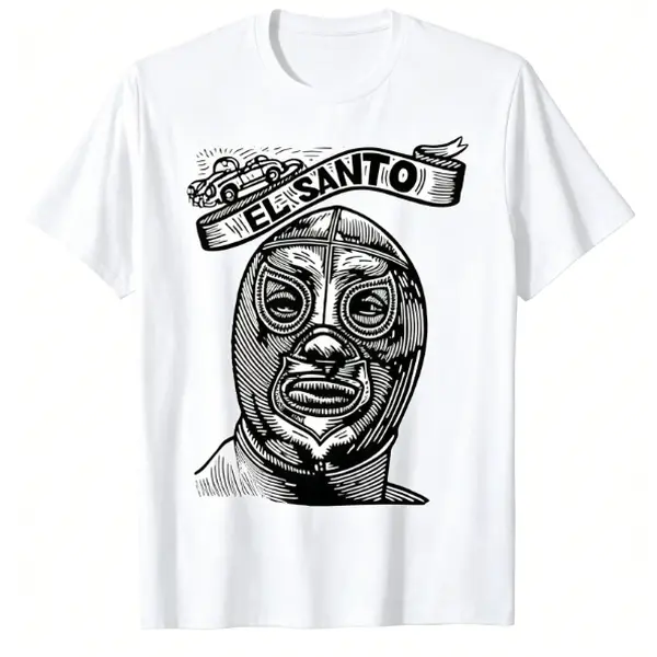 Men's Loose Fit Crew Neck 100% Cotton Casual Graphic T-Shirt, El Santo Mexican Wrestler Legend Print Unisex Streetwear, Menswear Tops Short Sleeve Casual Wear