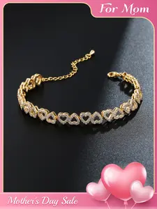Heart Zircon Bracelet Mother's Day Gift, Elegant Copper Chain Jewelry, All-Seasons Heart Pattern Design, Perfect Present for Mom, Heart Charm Bracelet