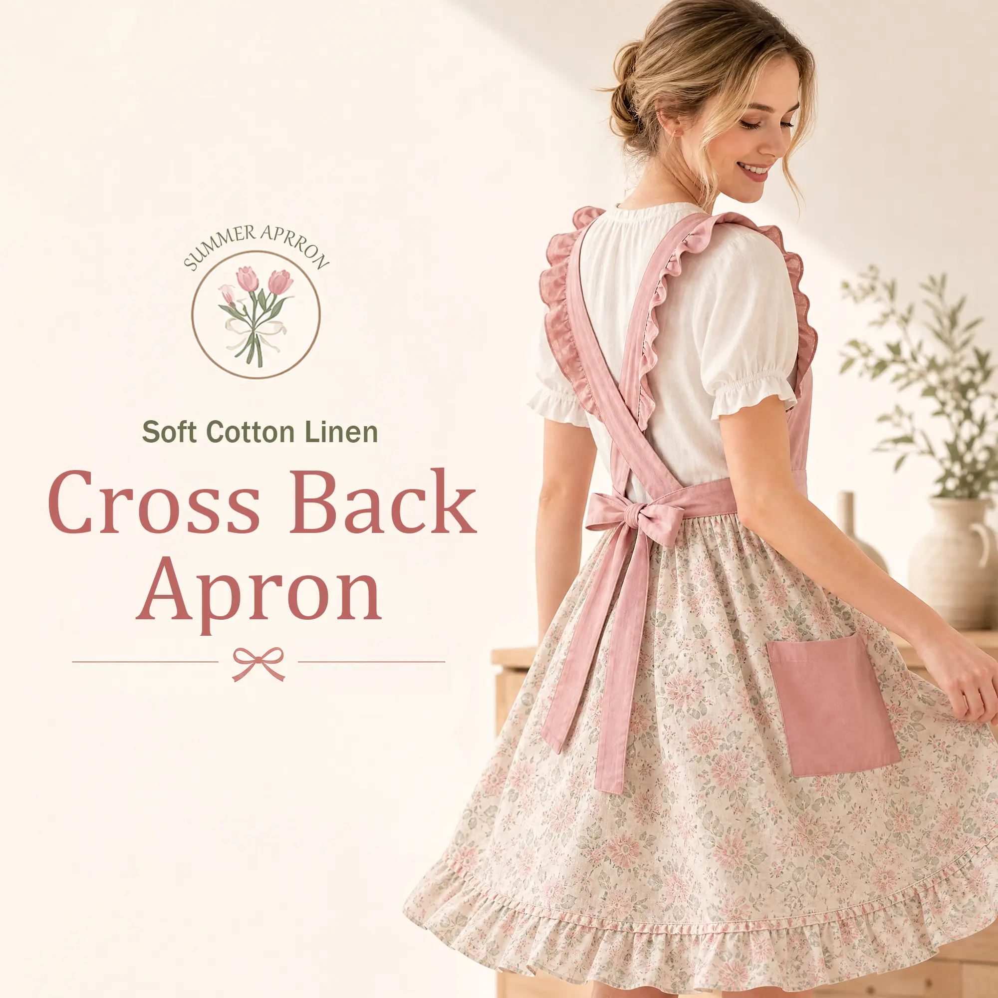 Medium Cotton-Linen Kitchen Apron with Pocket, Breathable Cute Floral Frill Print, Cover for Home Chefs, Farmhouse Baking Gift for Home Supplies Enthusiasts