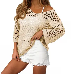 Shewin 2026 Summer Women's Knitwear Blouse - V-Neck, 3-Quarter Sleeve, Loose-Fitting, Drop Shoulder, Breathable Hollow-Out Acrylic Knit Women's Clothes for Daily Wear,summervibes