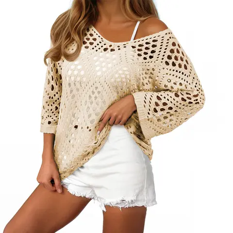 Shewin Women's Oversize Soft Acrylic Knit Top - Casual Fashionable Top, High Elastic Loose V-Neck 3/4 Sleeve Hollow Out Off-Shoulder Pullover, Clean Lines Modern Ease Easy Style, Hand Wash, Layerable for Daily Outings Beach Cover Up