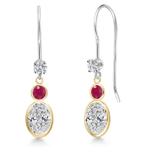 Gem Stone King 14K Two Tone Gold Lab Grown Diamond and Red Ruby Dangle Earrings for Women | 1.85 Cttw | Gemstone April Birthstone | Oval 7X5MM
