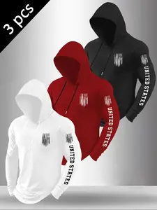Men's 3-Pack Usa Flag Print Hoodie Set, Hooded Sweatshirt Set, Long Sleeve Fitted Casual Sweatshirt, Spring Fall Streetwear Fitness Top