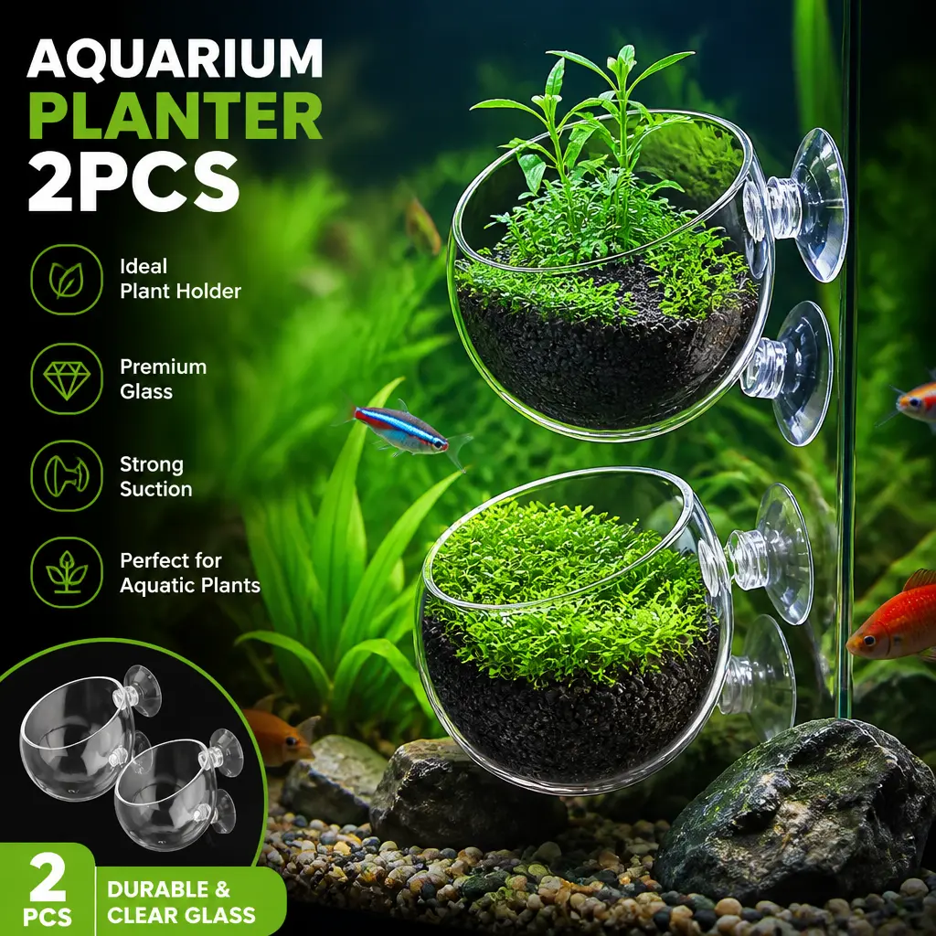 2pcs Crystal Glass Aquarium Plant Holder - Wall-Mount Ideal Holder with Strong Suction Cups, Drainage Holes, Tilted Opening, Perfect for Aquatic Plants, Aquascape Tank Decor, Ideal Plant Holder