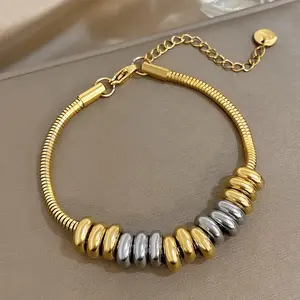 Two-Tone Gold & Silver Beaded Snake Chain Bracelet, Adjustable Titanium Steel Stackable Bangle, Minimalist Fashion Jewelry for Women