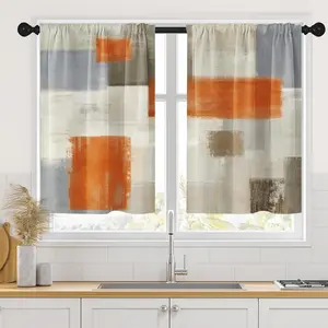 Multicolor Kitchen Curtains Long Dark Gray White Window Short Layer Curtains Over Sink Set 2, Modern Abstract Geometric Art Kitchenette Decor Room Colorful Foldable Divider