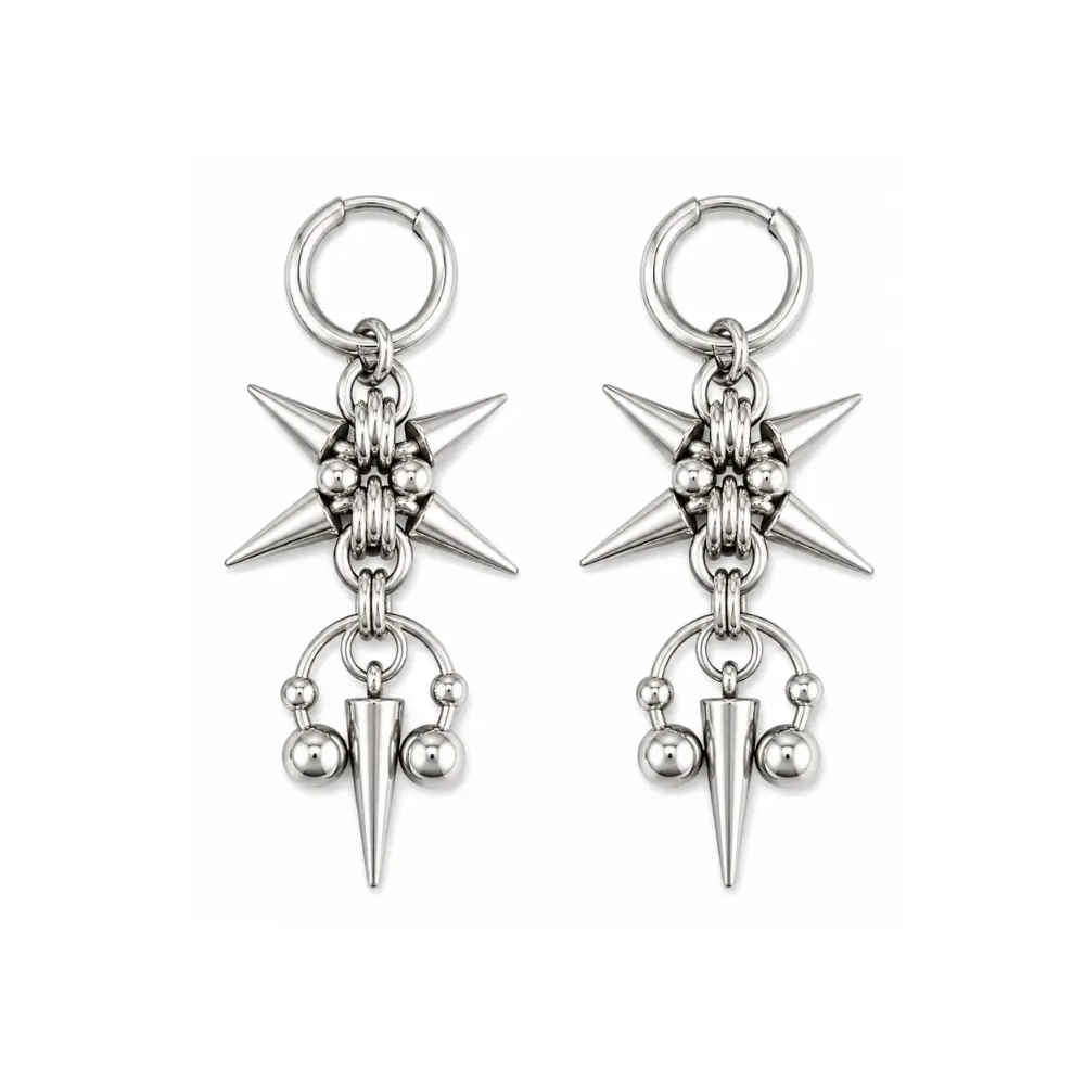 Punk Spike Horseshoe Dangling Hoop Earrings - Pair - Stainless Steel