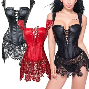 ��S-6XL��Plus Size Womens Faux Leather Corset Steampunk Outfit Costume Sexy Overbust Plus Size Burlesque Lingerie Bustier with G-String