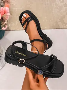 Women's Open Toe Thick Sole Low Wedges Sandals, Slip-On Buckle Design, Casual Comfortable Summer Shoes, Breathable Beach Vacation Flats, Footwear Sandal
