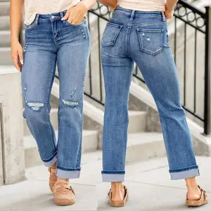 Straight Leg Jeans for Women Mid Rise Cropped Ripped Distressed Cuffed Jeans Boyfriend Ankle Denim Pants WithPockets Bottoms Womenswear Cropped Distressed Boyfriend Jeans