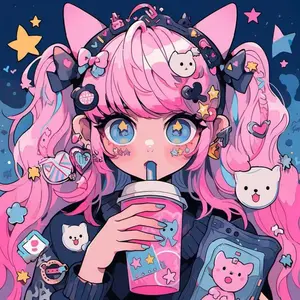 5D DIY Handmade Diamond Painting Kit, Girl Cat Ear Milk Tea Design, Full Round Drill Mosaic Art, Home Decor Gift, Anime Design