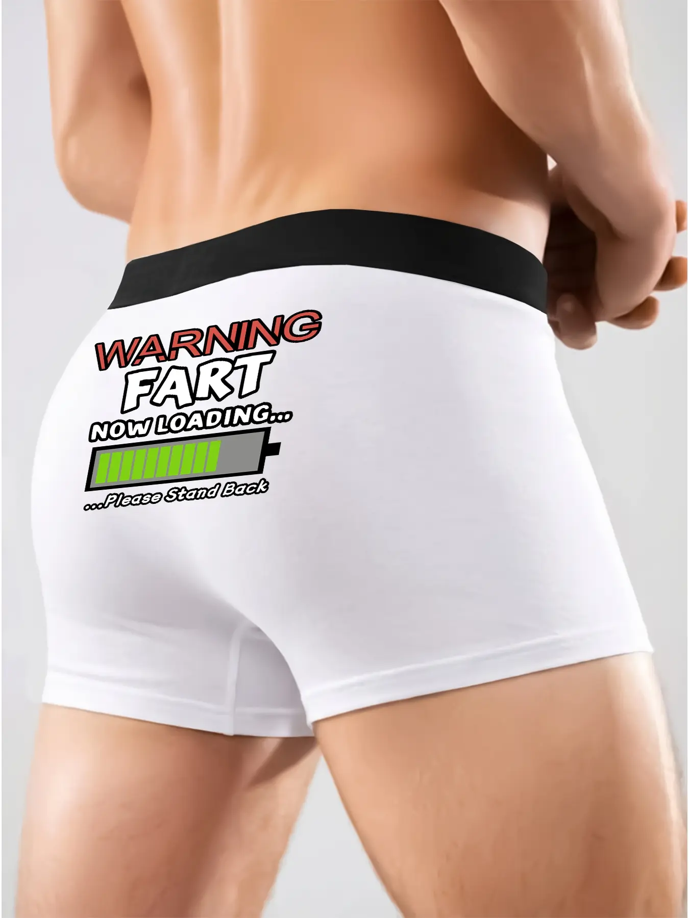 Men's Funny Boxing Underwear, Boxer Briefs, Warning Fart Now Loading Print, Blue Colors, Polyester Fabric Underwear, Comfortable Fitted Casual Daily Wear, Menswear