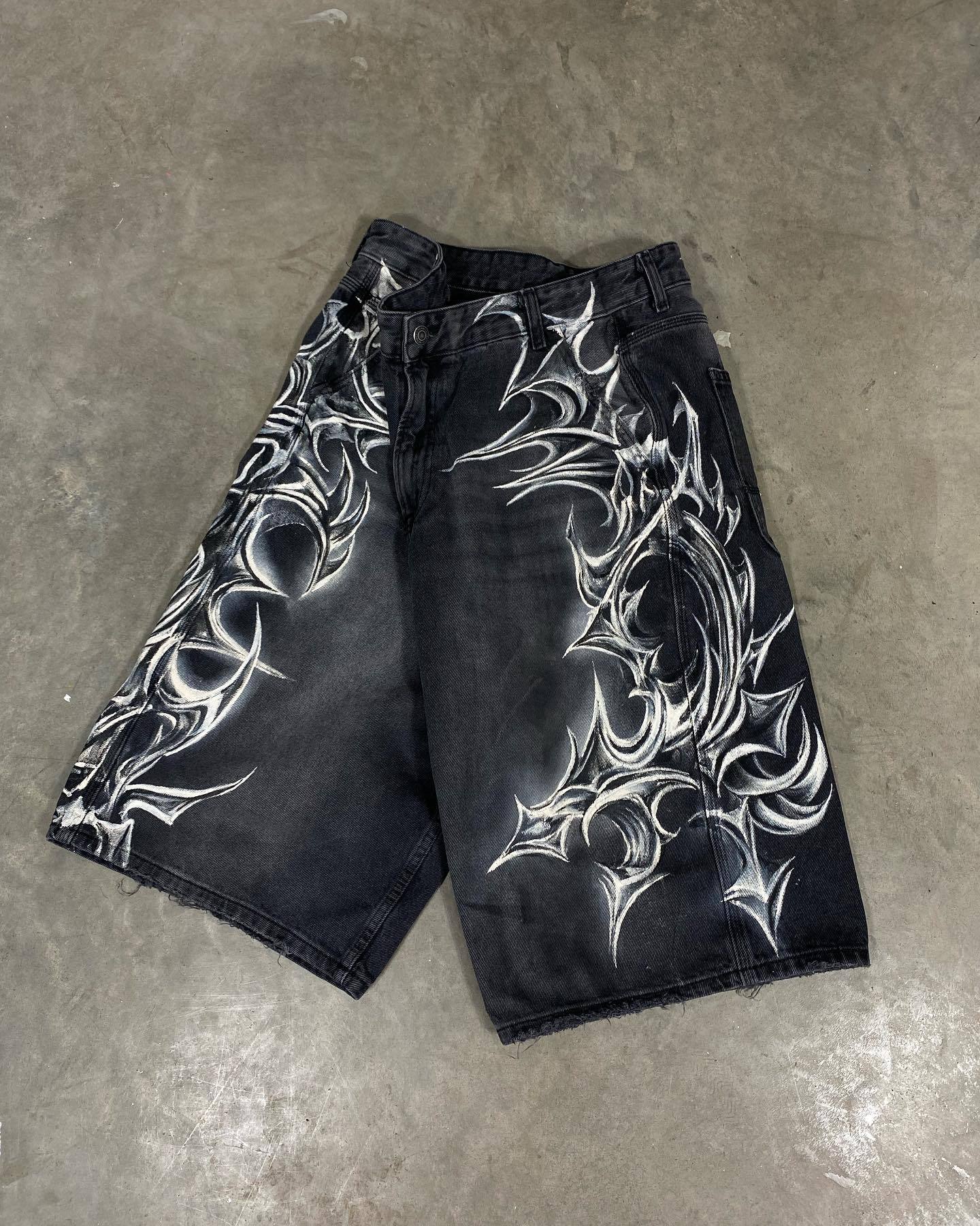 Noctra Retro Gothic Printed Denim Shorts