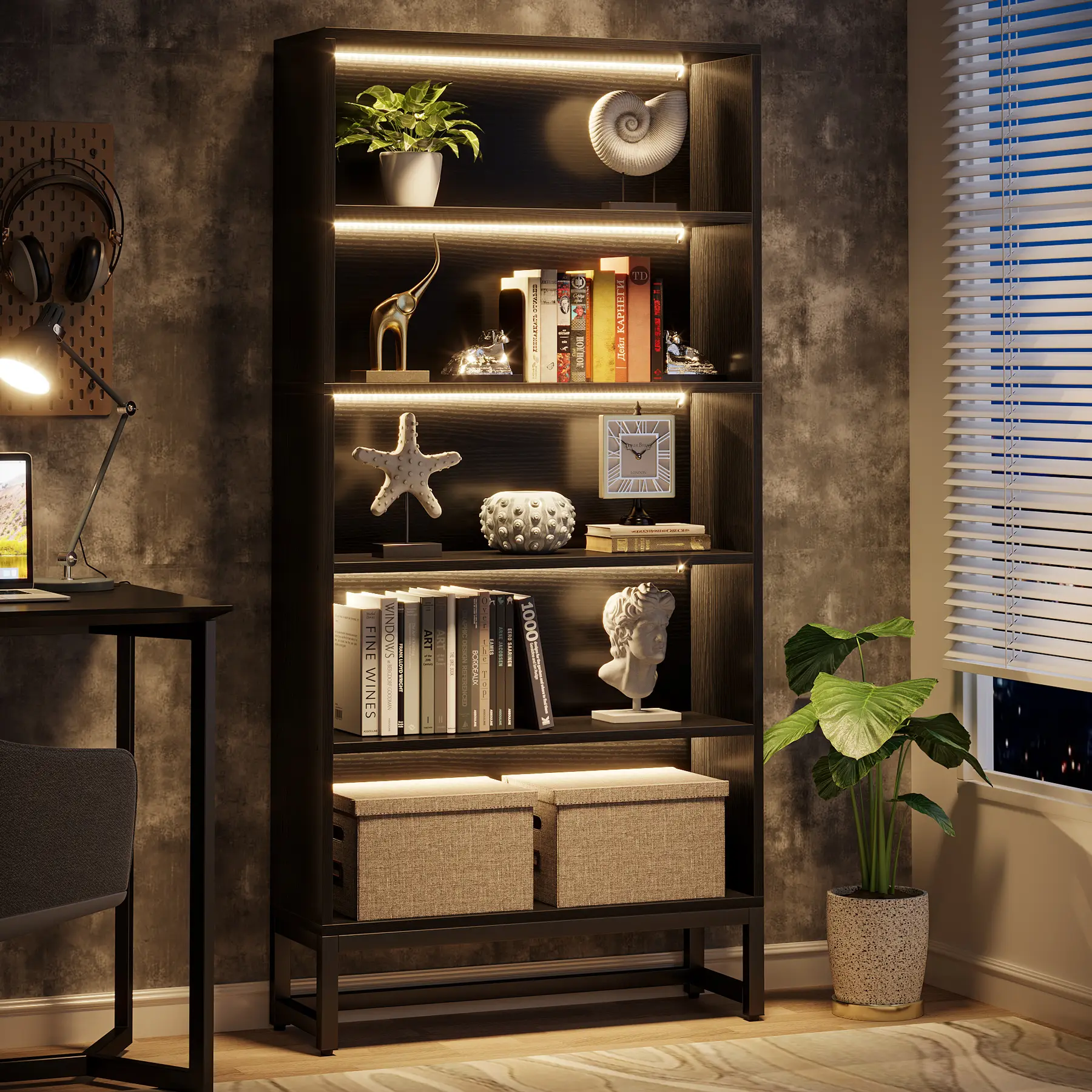 LITTLE TREE Tall Bookcase Black Bookshelf, 70.8” Large Bookcases Organizer with LED Lights, Heavy Duty Free-Standing Library Bookshelf with 5-Tier Storage Shelves for Living Room, Bedroom (Black)