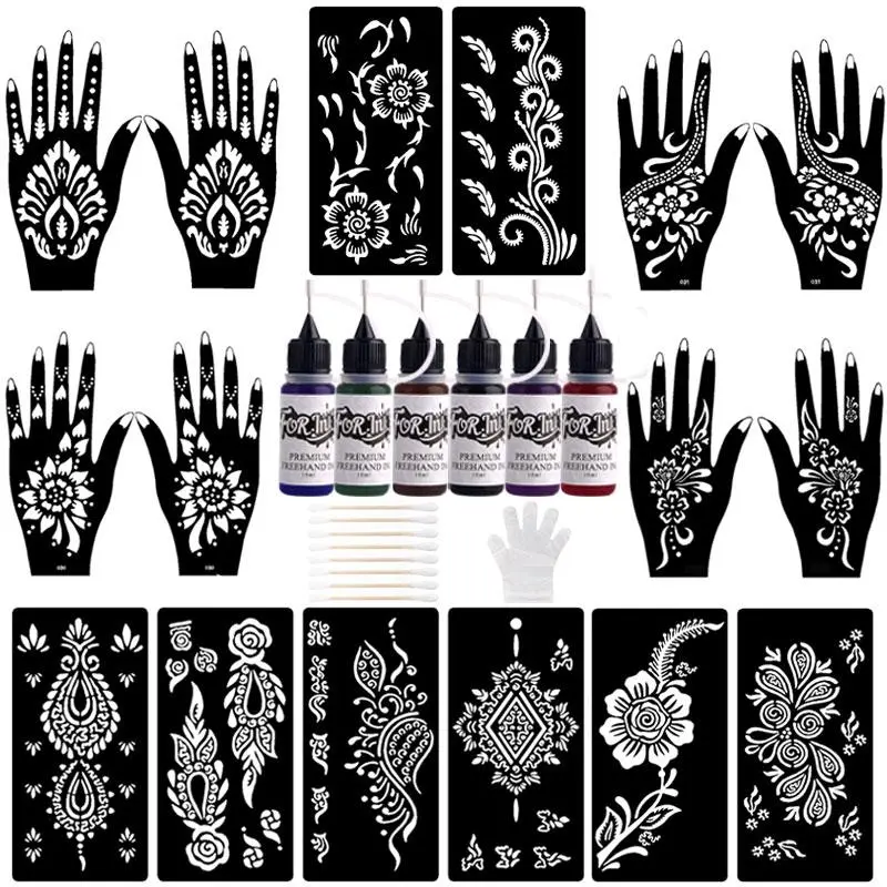Mixed Color Vibrant Vivid Semi-permanent Tattoo Kit, Cosmetic 1 Set Long-lasting Temporary Tattoo Ink Gel & Sheets Stencils & Disposable Gloves & Accessories, Body Art Kit for Women & Men Tattoo Supplies, Temporary Tattoo Kits