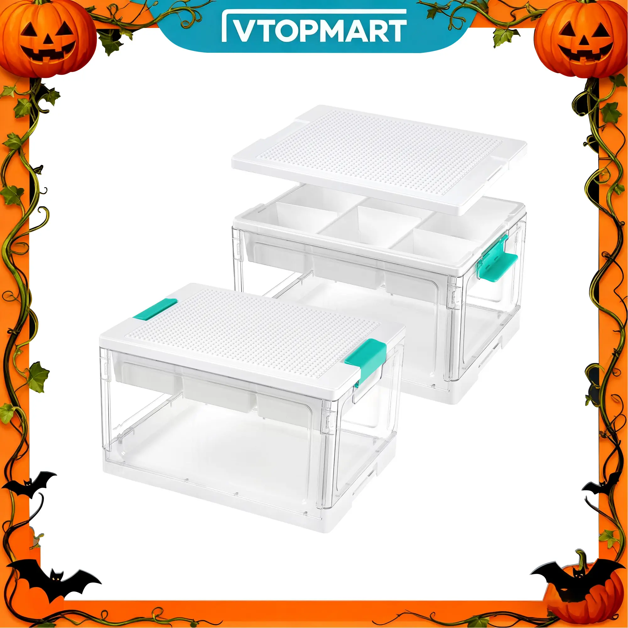 【Live Only】Vtopmart 2/4Pack 24QT Collapsible Lego Organizer Storage Bin, Multilayer Storage, with Building Baseplate Lid, Removable Tray, Divided Compartment Water&Dust Proof Lockable, Playroom Restock, TikTokShopFallDealsForYou, Halloween Gift