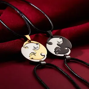 Titanium Steel Couple Necklace Black and White Cat Embrace Round Combination Pendant Couple Necklace