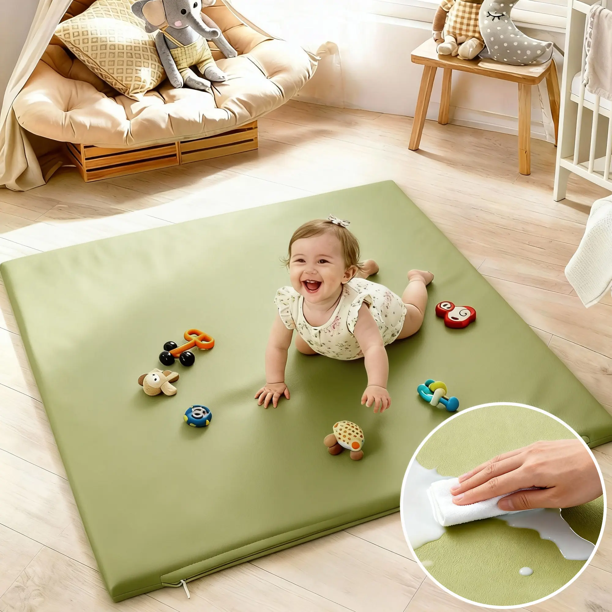 Baby Play Mat for Floor, 50" X 50" Vegan Leather & Memory Foam Area Rug - Thick Playpen Mat for Tummy Time, Cushioned & Waterproof Mat Non-Slip Safe for Crawling, Easy to Clean